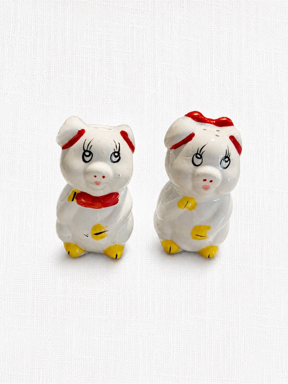 Classic White Ceramic Pig Salt and Pepper Shakers - Red & Yellow Accents